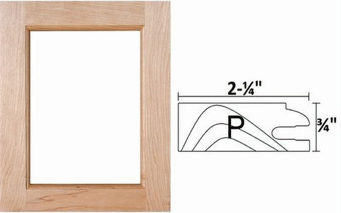 Natural wood cabinet door profile with 2-1/4" and 3/4" dimensions, featuring the letter P.