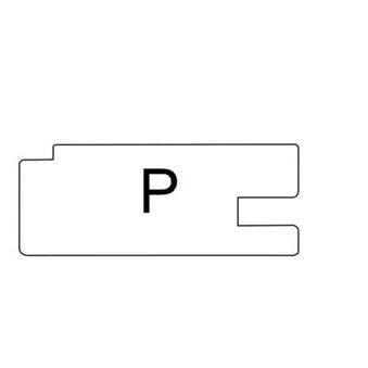 White shape with the letter P, representing an unfinished cabinet part