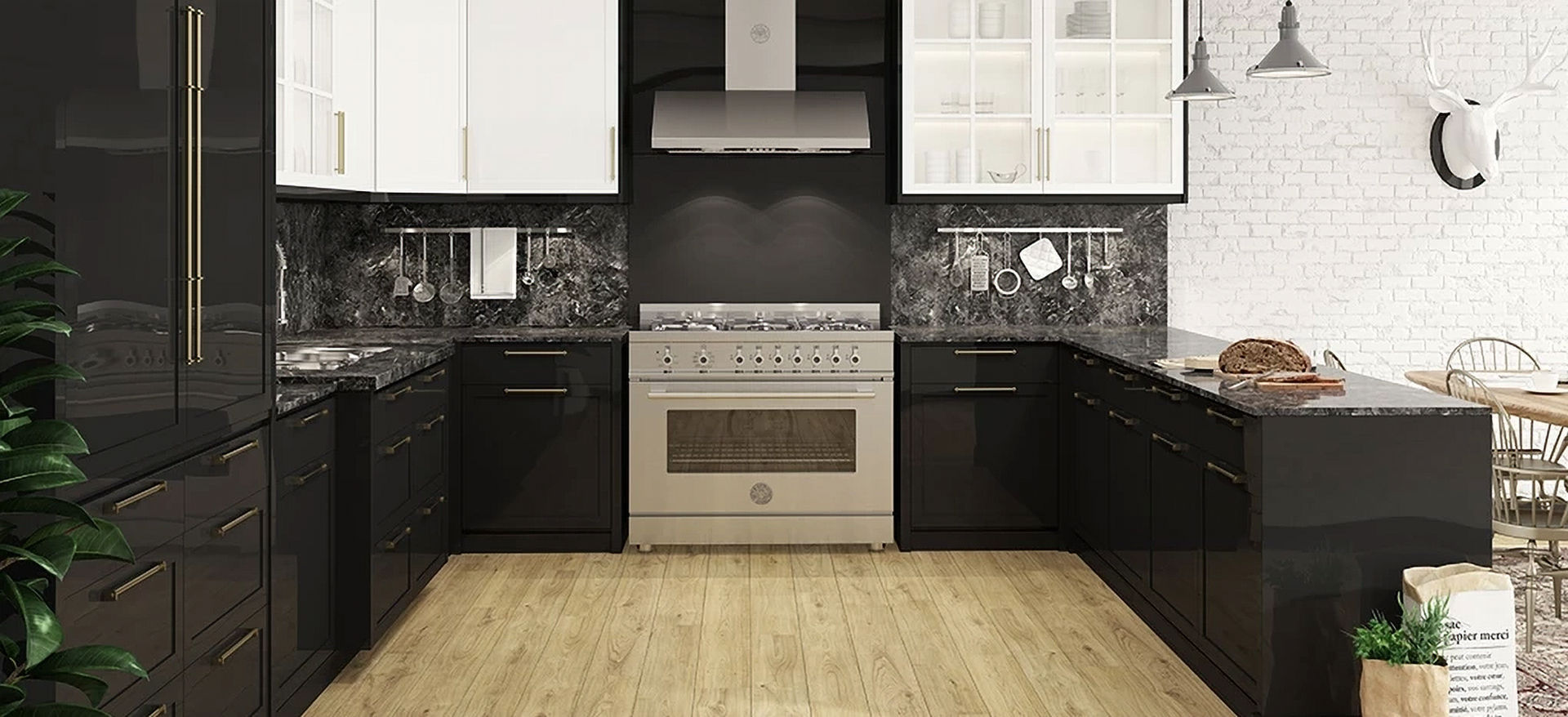 Modern kitchen with black and white cabinets, stainless steel appliances and granite.