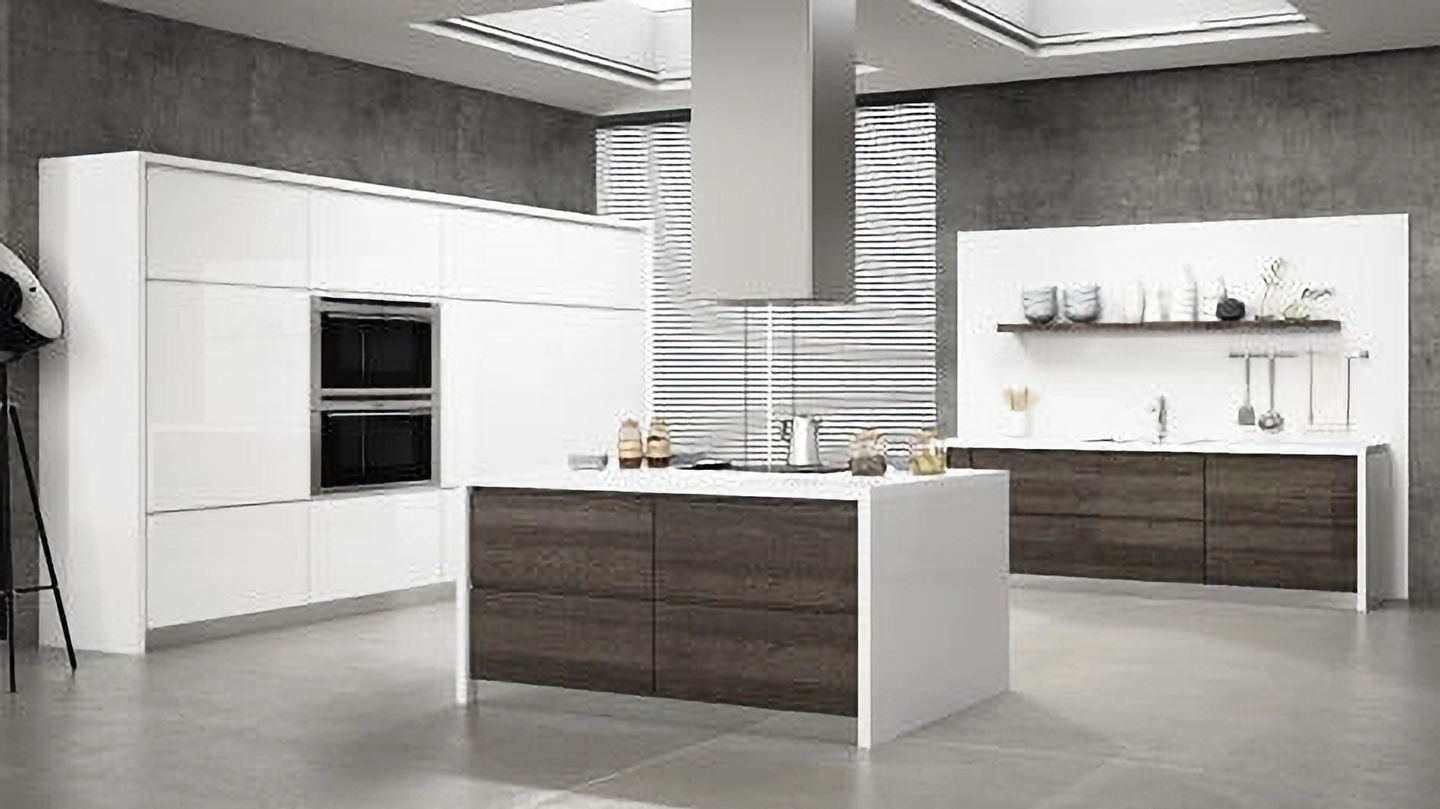 Modern kitchen with white cabinets and dark drawers, interior design concept.