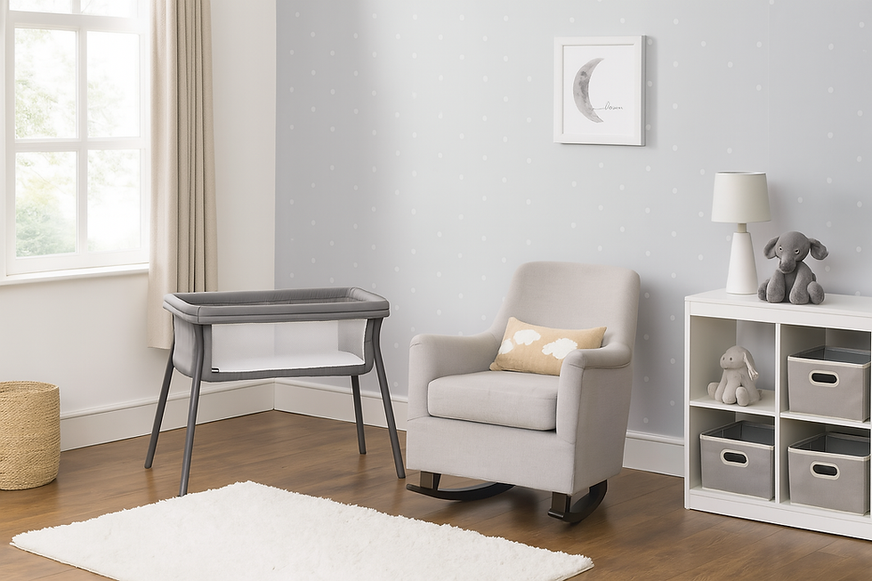 Cozy nursery with a gray bassinet, beige armchair, and cloud cushion. Blue polka dot wall, moon picture, toy elephant, and storage cubes.