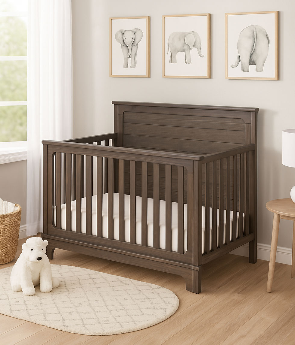 A wooden crib in a nursery with elephant art on the wall. A white plush bear sits on a patterned rug. Bright, soothing atmosphere.
