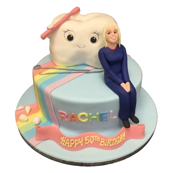 Bespoke tooth and rainbow themed cake for a dental nurse celebration in Solihull, West Midlands.