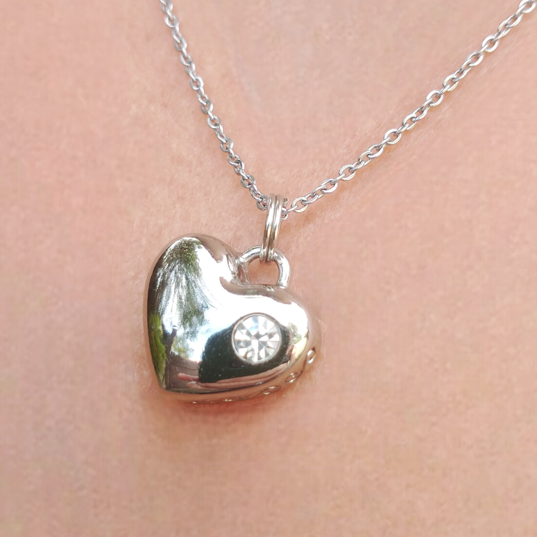 colar com coração prateado e brilhante