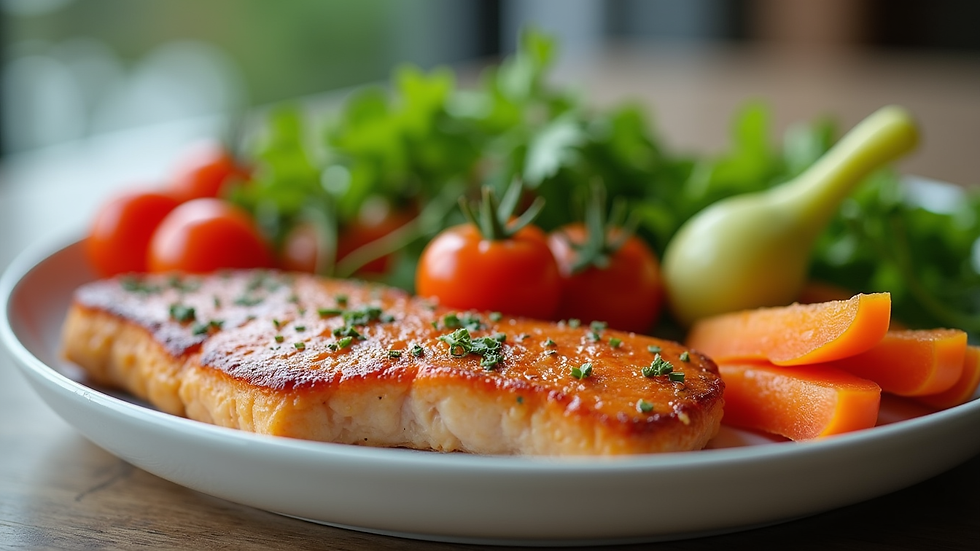 Close-up view of a nutritious post-surgery meal with vegetables and lean protein