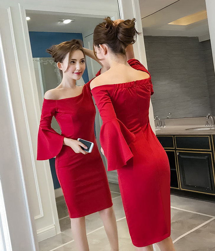 Thumbnail: Off Shoulder Dress with Trumpet Sleeves