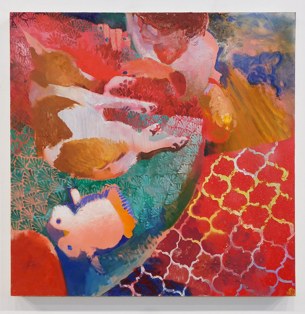 rough painting of medium sized brown and white dog laying in pet bed on left with penguin toy at lower left of composition and figure in upper center on knees looking at dogs face.