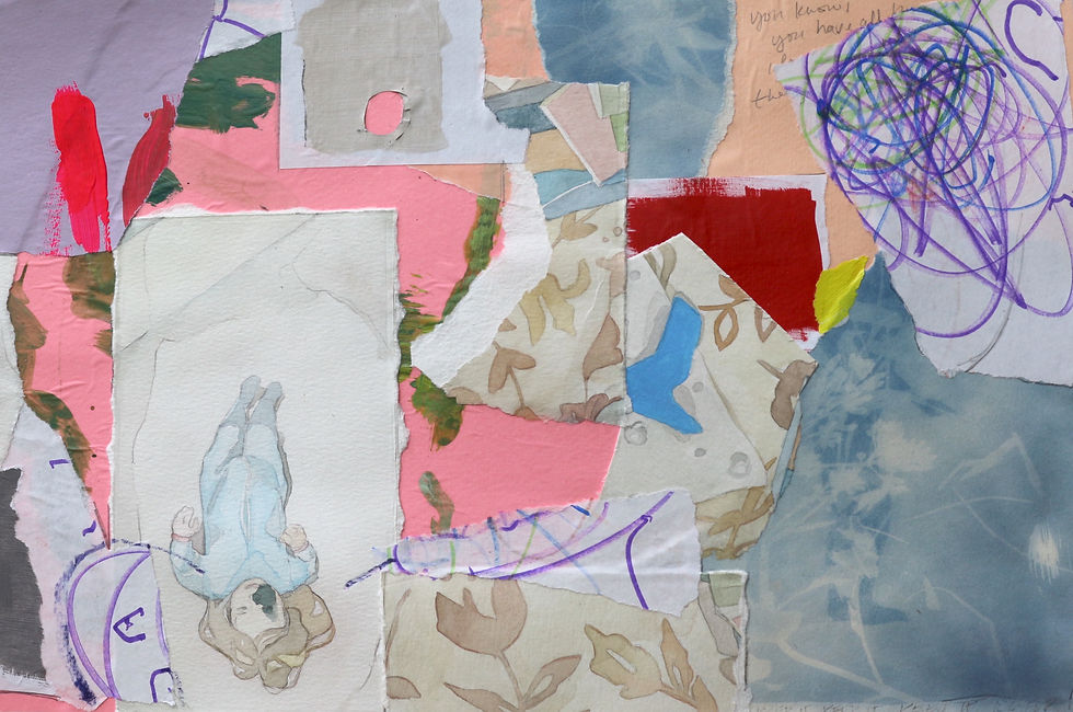 collage of scrap pieces of paper glued together randomly with various scribbles, paint splashes, and sketches on them