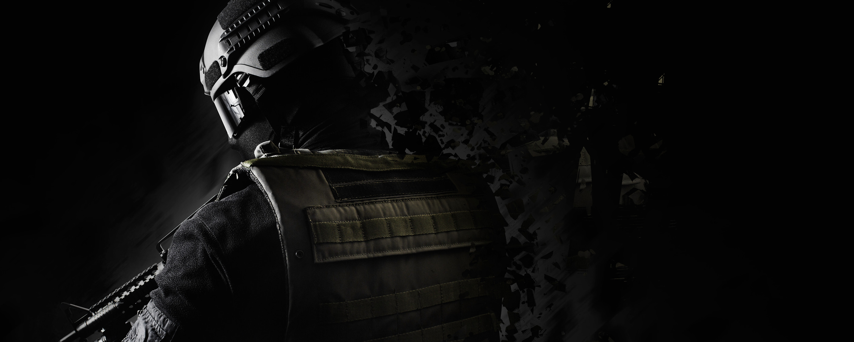 Dissolving swat soldier back view. Black