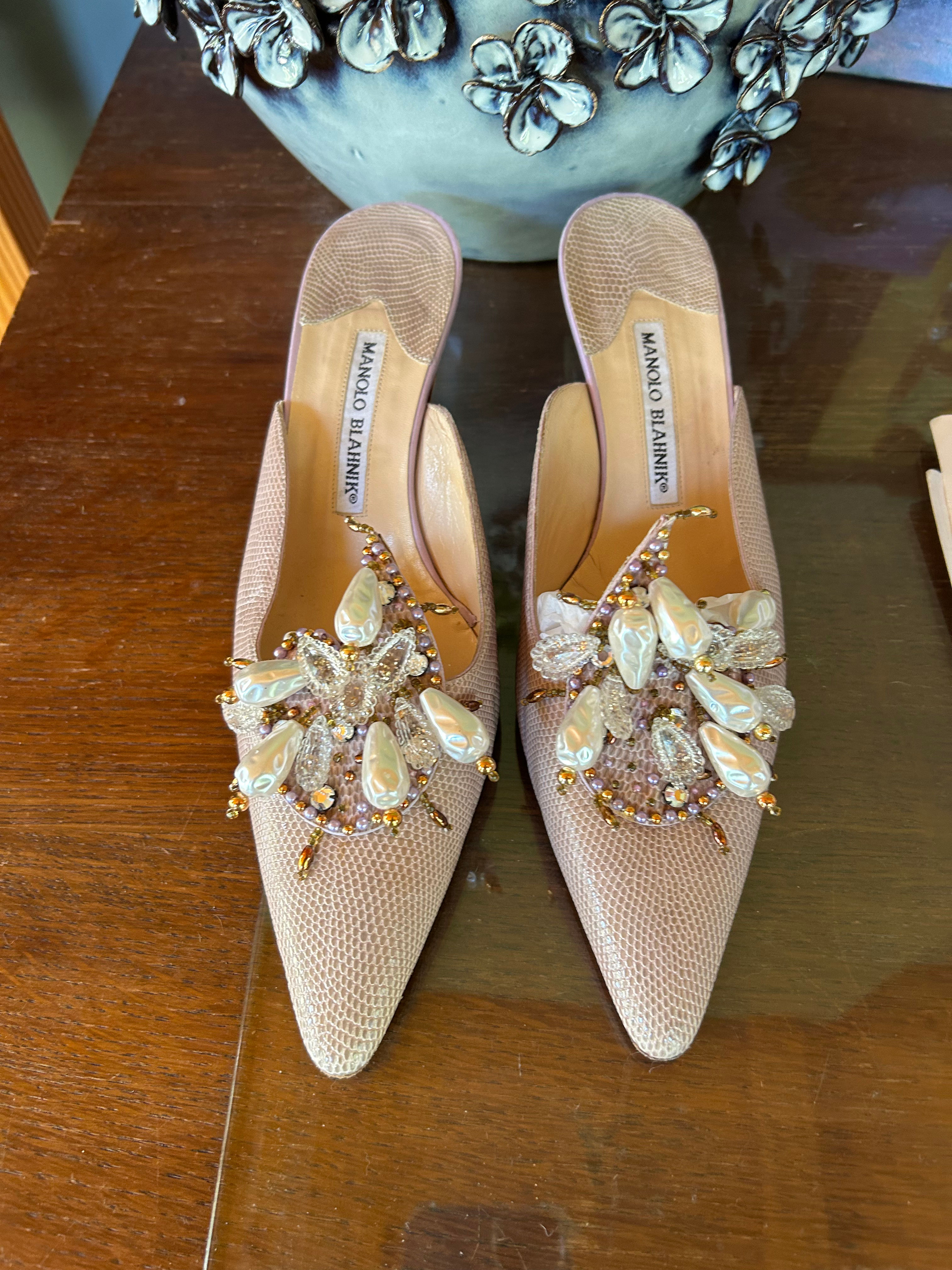 Rare Vintage Manolo Blahnik Lizard Pearl Mules EU 39.5