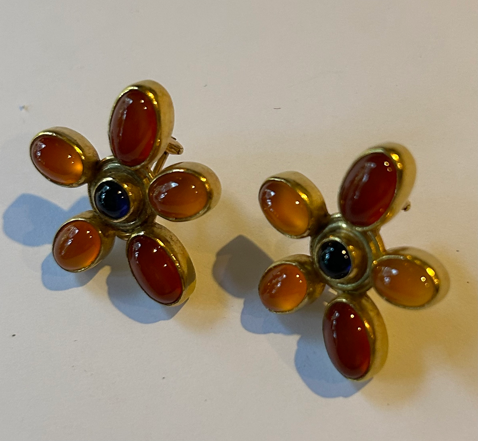 Thumbnail: Vintage 14k Onyx Orange Sapphire and Citrine Earrings 