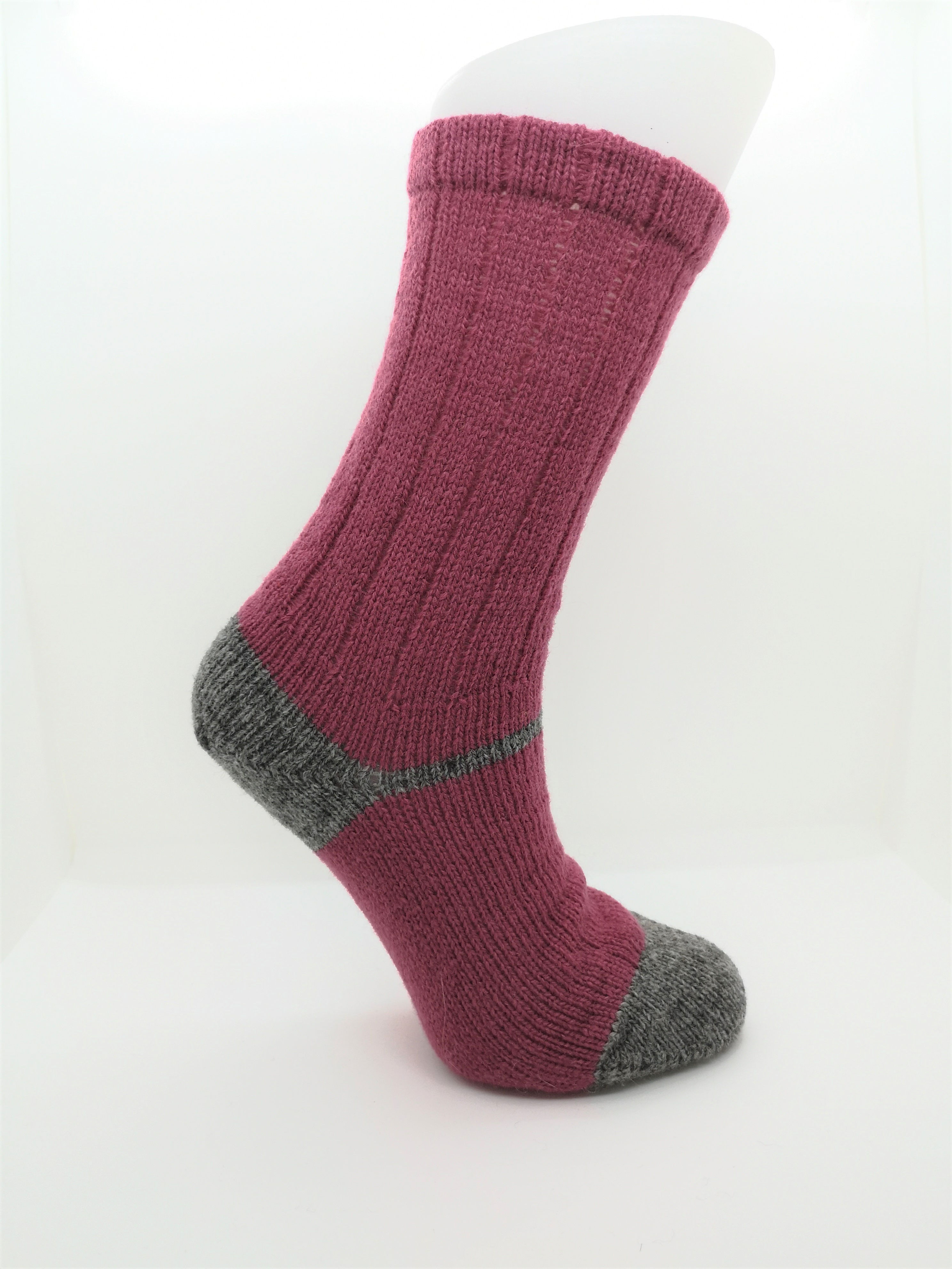 100% Pure Shetland Wool Bed Socks - Lipstick Pink with Grey