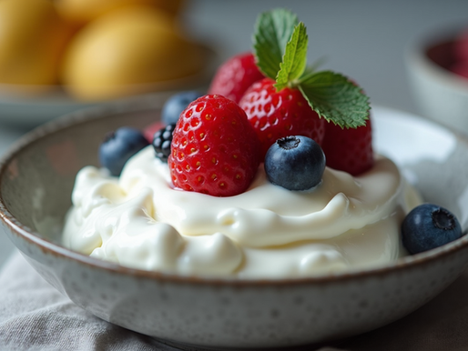 Creamy Greek yogurt topped with colorful berries.