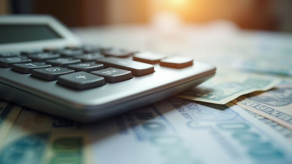 Eye-level view of a calculator and bills on a table