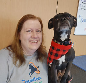 Angela with Draco, her Pit-huahua and working service dog, at Dauntless Dogs.