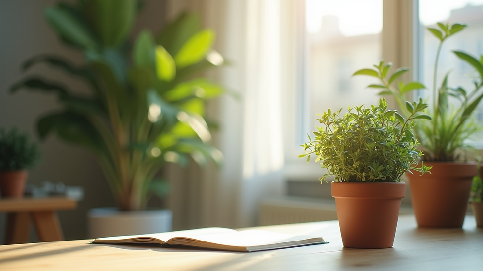 Eye-level view of a serene workspace with plants and natural light
