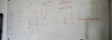 Návrh strihov na tabuľu počas šijacieho workshopu