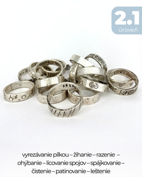 Kolekcia prsteňov s patinou a razeným vzorom – workshop patinovania a dekorovania kovu.