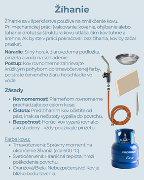 Žíhanie kovu – Návod na prácu s horákom a tepelné spracovanie mosadze a striebra pre lepšiu tvarovateľnosť v Makerspace.