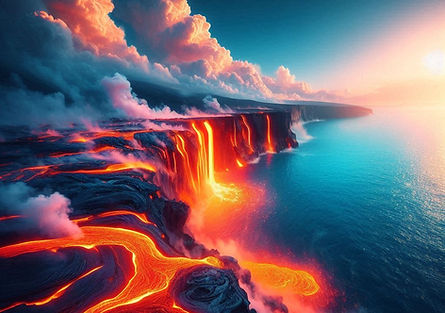 landscape image of lava flowing into the ocean
