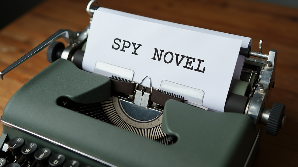Close-up view of a vintage typewriter with a half-typed spy novel page