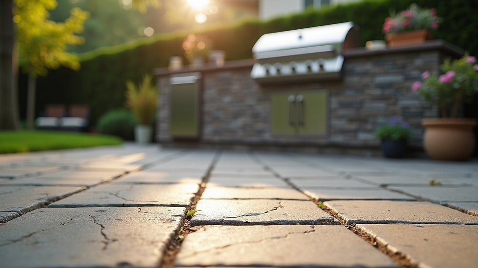 Close-up view of a backyard patio with interlocking pavers and outdoor kitchen setup
