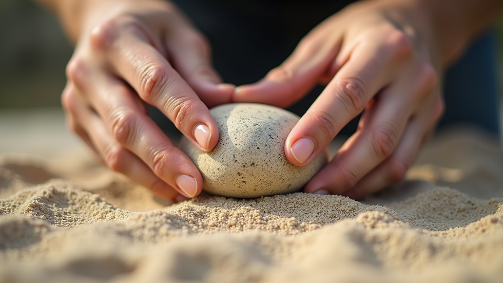 Close-up view of hands placing natural stone on sand base