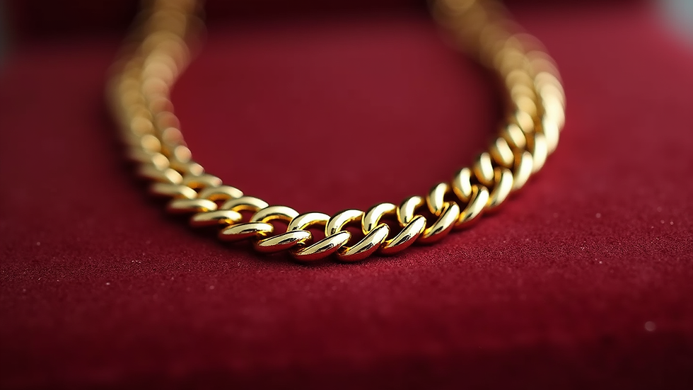 Close-up view of polished gold necklace on velvet surface