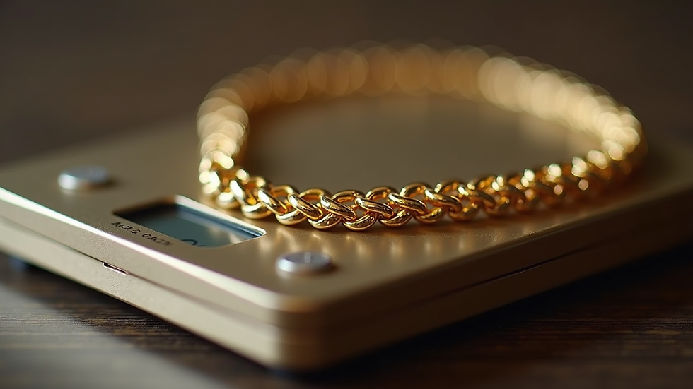 Close-up view of a gold necklace on a jewelry scale