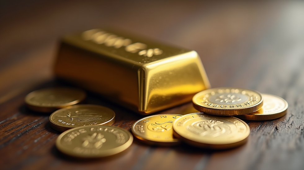 Eye-level view of a gold bar and Swiss Franc coins on a wooden table
