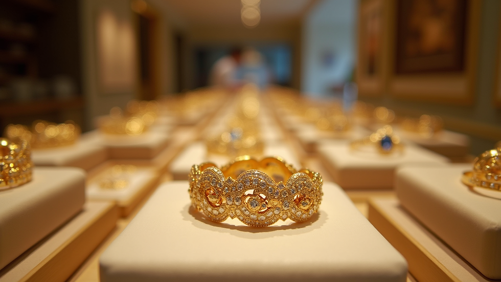 Eye-level view of luxury jewelry store display with gold pieces
