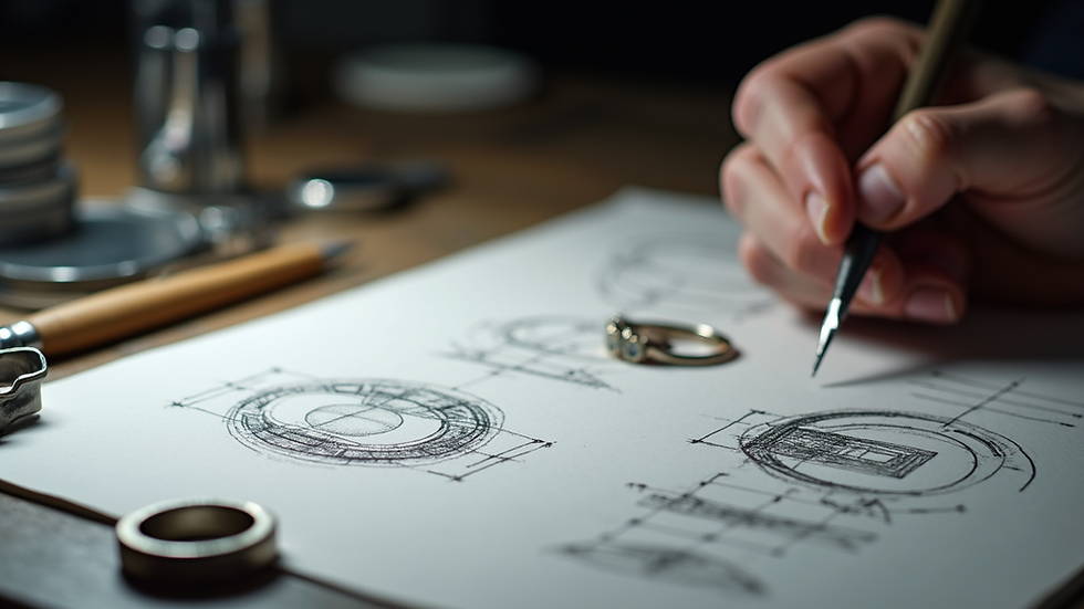 Eye-level view of a jeweler’s workstation with ring design sketches and tools