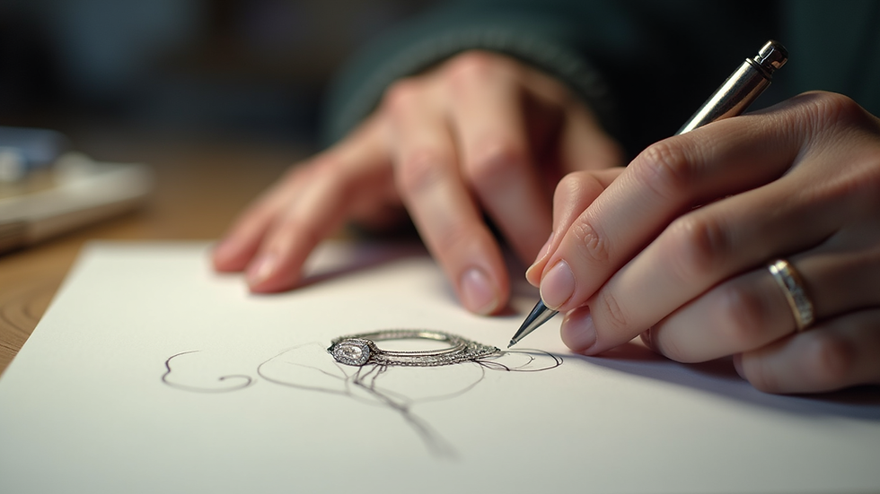 Eye-level view of a jewelry designer sketching a ring design on paper