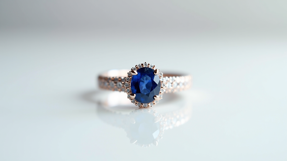 Close-up view of a luxury ring with a sapphire gemstone on a white background