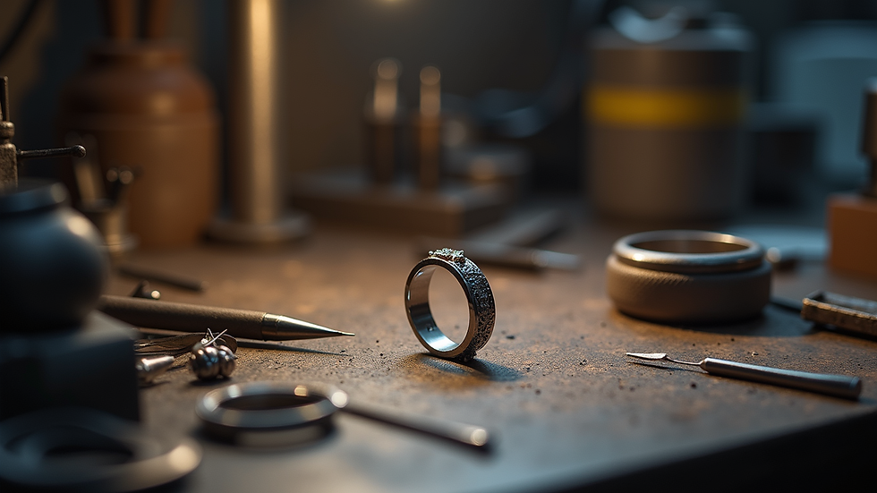 Eye-level view of a jeweler’s workbench with tools and a custom ring in progress
