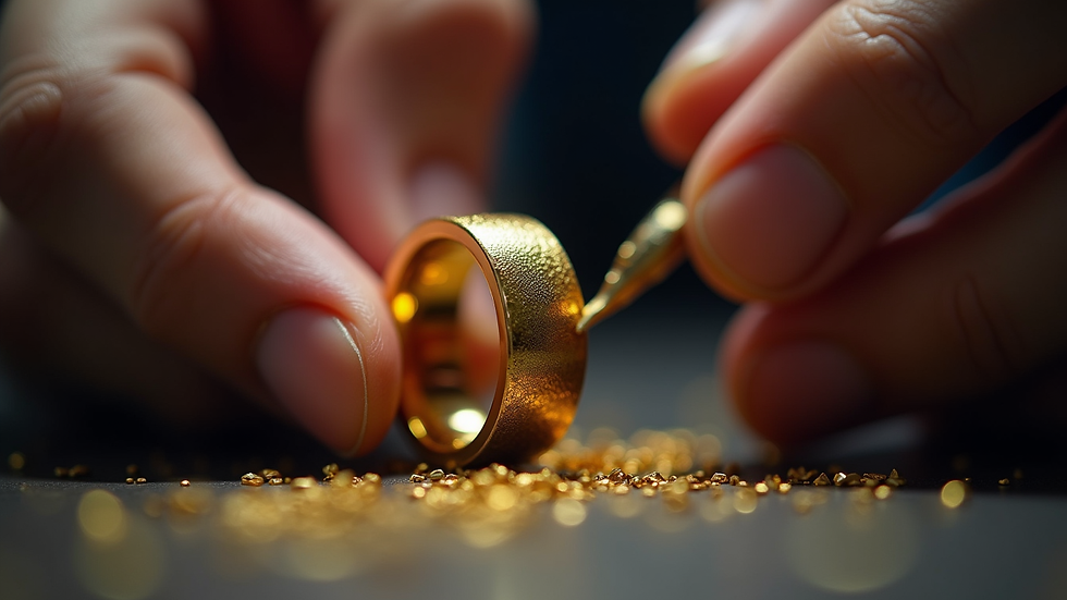 Close-up view of a gold ring being polished by a goldsmith