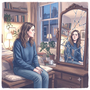 Jeune femme en pull bleu assise sur un lit, regardant son reflet dans un miroir fissuré dans une chambre cosy.
