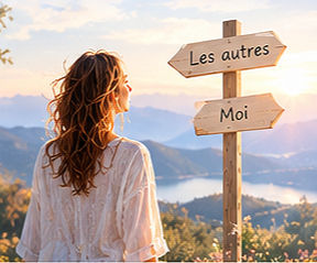 Femme de dos devant un panneau Les autres / Moi au coucher du soleil, avec montagnes et lac en fond.