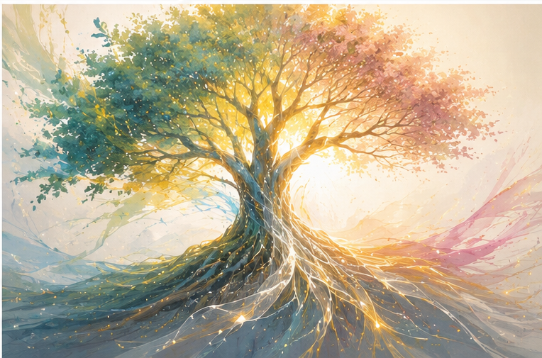Arbre majestueux aux feuilles multicolores, racines lumineuses et éclats dorés sur fond abstrait, ambiance onirique.