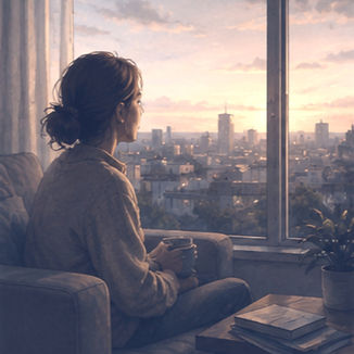 Femme assise sur un canapé, tasse à la main, contemple la ville au coucher du soleil derrière une grande fenêtre.