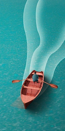 Une barque au milieu de l'océan symbolisant le passeur d'âme