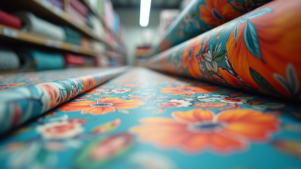 Eye-level view of colorful digital printed fabric rolls in a textile store