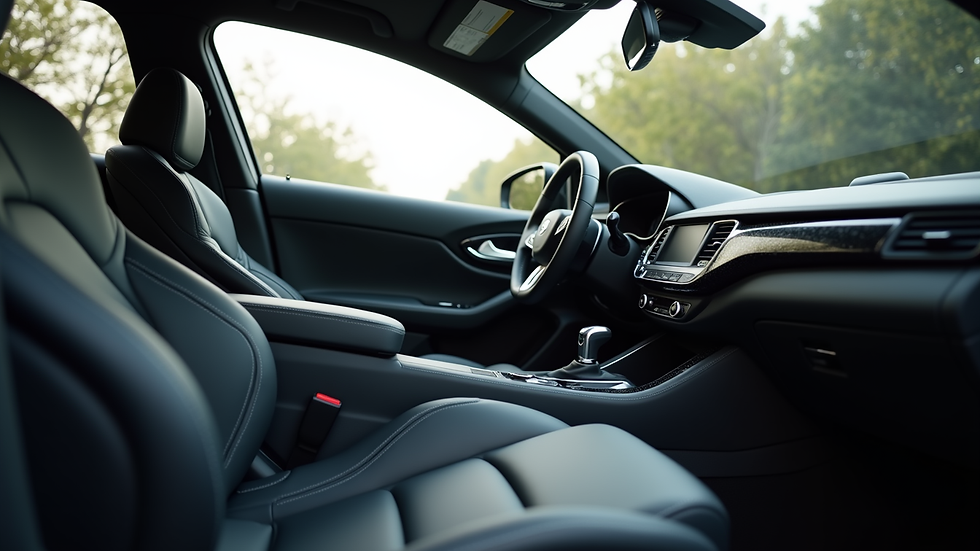 Eye-level view of a luxury car interior with spotless leather seats and dashboard