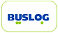 selo logo da transportadora buslog, fonte negrito azul, círculos decorativos verdes, fundo branco