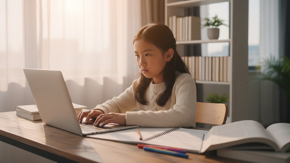 Eye-level view of a student studying with a laptop and notebook