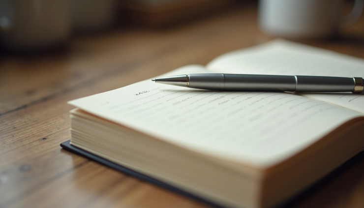 Close-up view of a journal and pen on a wooden table, symbolizing reflection and new beginnings