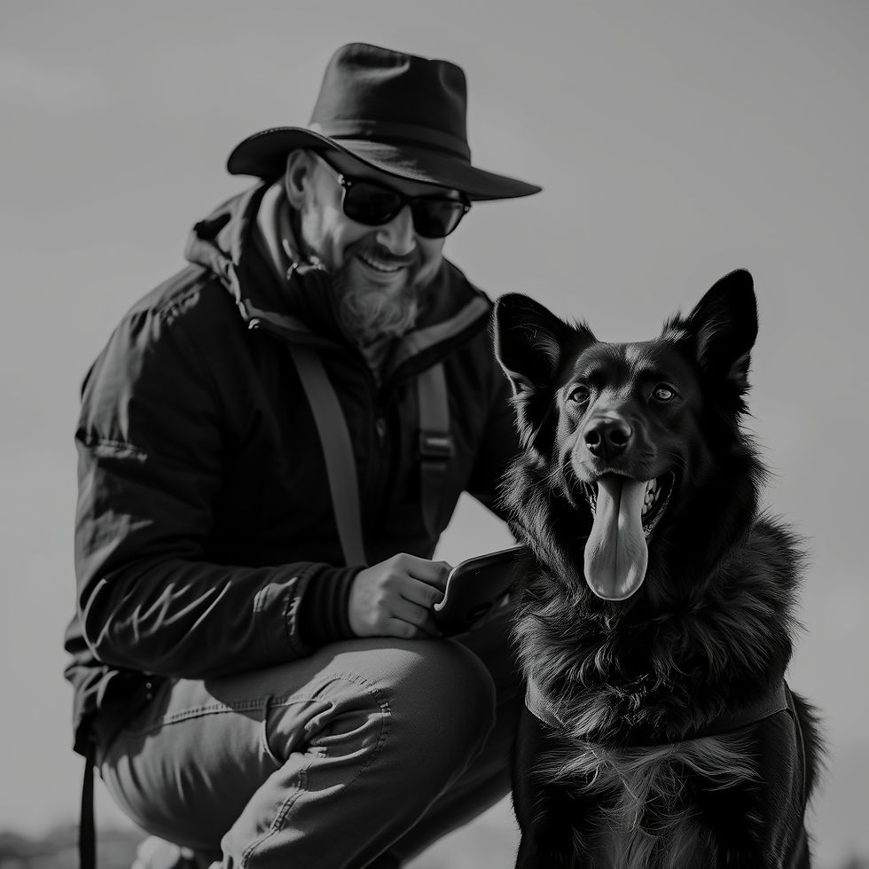 Create black and white luxurious adventure or outdoor training experience with dog and own