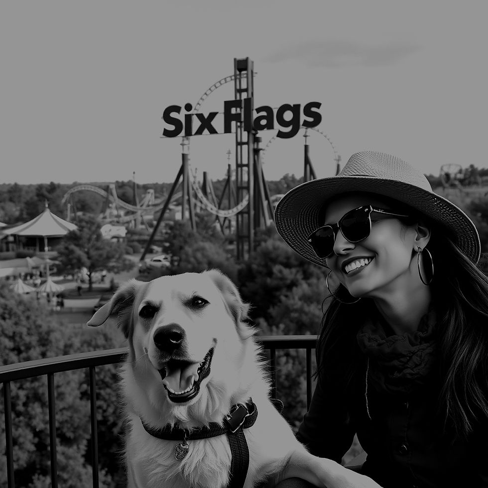 Generate luxury image of dog and woman with Six Flags over Texas amusement park in backgro