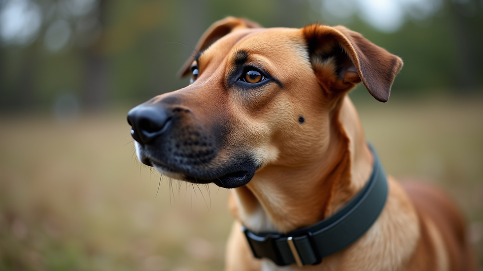 Close-up view of a focused dog wearing a training collar