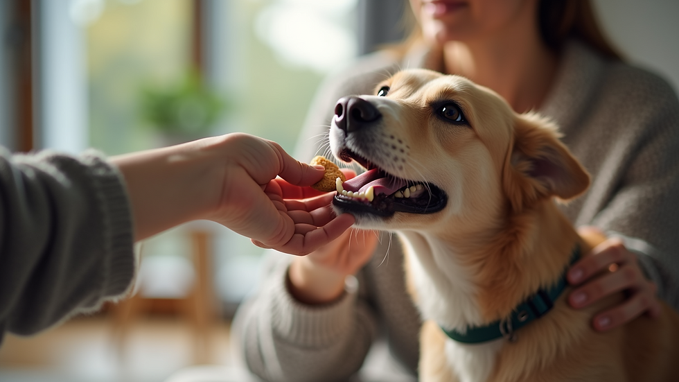 Close-up view of a dog trainer holding a treat while training a well-behaved dog in a stylish home